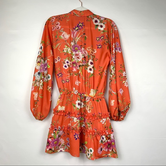 Alexis Loe Floral Ruffle Long Puff Sleeve Ruffle Mini Dress Red Orange XS - Picture 9 of 14